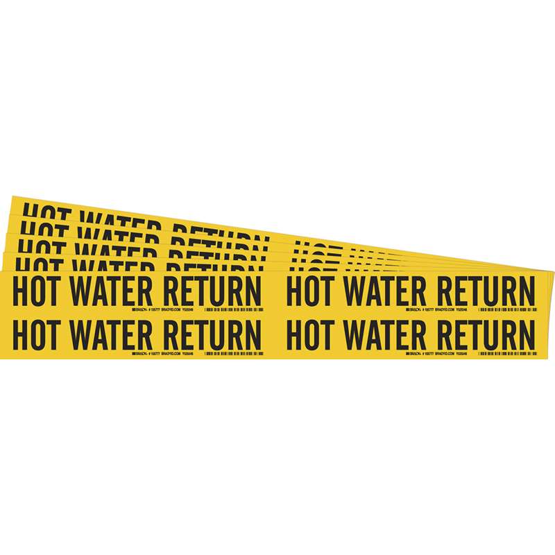 HOT WATER RETURN Pipe Marker Style 4 Polyester Black on Yellow 4 per Card, 5 PK